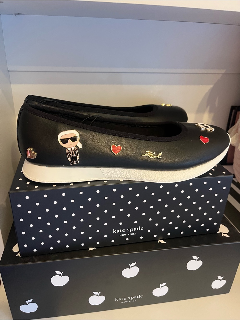Karl Lagerfeld Black Ballet Slip-On Flats with Character and Heart Accents